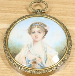 Antique Victorian Lady Hand Painted Portrait Miniature Picture Pendant In Brass Frame