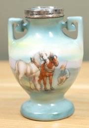 Small Vintage Painted Porcelain Vase Paperweight Horses With Man Marked Germany