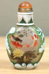 Small Antique Chinese Glass Snuff Perfume Bottle Painted Scene Koi Fish Lily Pads Lotus Flower Qing Dynasty