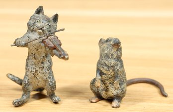 Set Of (2) Small Vintage Bronze Figurines Cat Playing Violin And Mouse Franz Bergmann