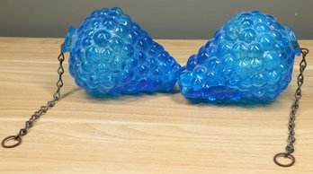 Set Of (2) Vintage Blue Art Glass Hanging Grapes Bunch