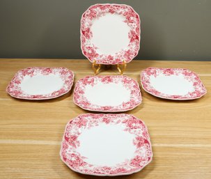 Set Of (5) Vintage Johnson Brothers Strawberry Fair Pink And White Square Salad Plates England Desert Plates