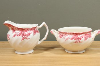 Set Of (2) Pieces Vintage Johnson Brothers Strawberry Fair Pink And White Creamer And Sugar Bowl England