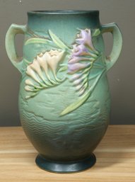 Roseville Freesia Art Pottery Green Handled Ceramic Vase 120-7