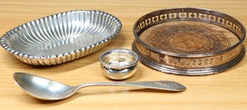 Lot Of (4) Pieces Vintage Sterling Silver Dishes Spoon Tray / Dish Salt Pot Coaster