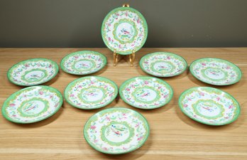 Set Of (10) Vintage Balmoral China R&D England Green And White Saucers Flowers And Bird Design