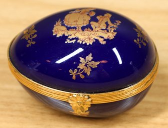 Small Vintage Limoges Gold Ormolu And Cobalt Blue Ceramic Hinged Egg Shape Decorative Box France Trinket Box