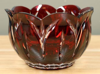 Antique Czechoslovakian / Bavarian Cut Crystal Scalloped Floral Bowl Cranberry Color