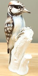 Hand Painted Intricate Porcelain Woodpecker Bird On Stump Signed