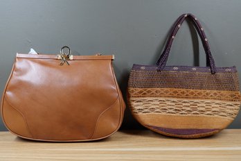 Lot- (2) Purses- Tan Clasp Handbag And Woven Bag