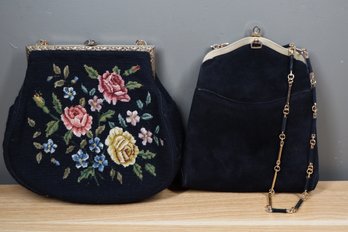 Lot- (2) Purses- Floral Bag With Clasp And Black Shoulder Bag