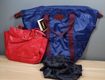 Lot- (3) Bags- Tote Bag, Red Purse, And Dust Bag