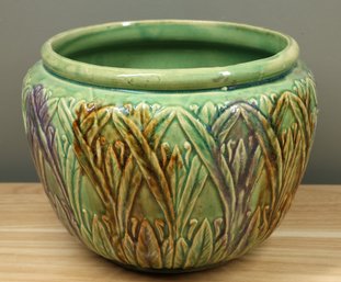 Majolica Antique Jardiniere Green Brown Planter Glazed Pot