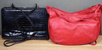 Lot- (2) Bagheera Red Ribbed Leather Shoulder Bag And Black Purse