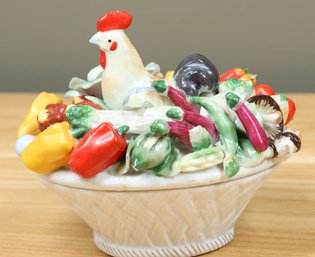 Vintage Rooster And Vegetable Covered Dish Country Chicken Trinket Box