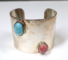 Wide Cuff Bracelet With Turquoise And Coral Stones