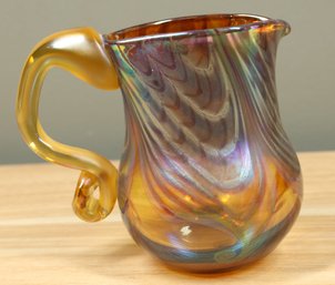 Signed Art Glass Pitcher Feathered Iridescent Hand Blown