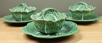 Bordallo Pinheiro Green Cabbage Set Of (3) Tureens With Lids And Lunch Plates