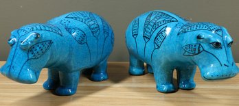 Pair (2) Of Metropolitan Museum Of Art Blue Hippo Egyptian Pottery Figurines