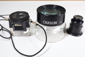 Lot- (3) Magnifying Lenses- Nikon, Atco, And Carson- Nikon Lens Signed