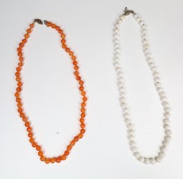 Pair Of Coral And White Beaded Necklaces