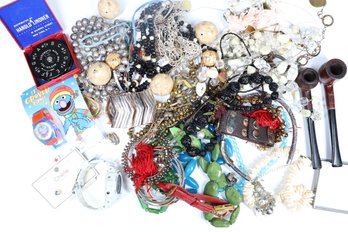 Lot Of Costume Jewelry - Watches - Earrings- Chains - Beaded Necklaces- Smoking Pipes - Casio G Shock