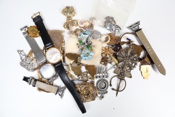 Lot Of Costume Jewelry - Watches - Earrings- Chains - Nixon Watch - Brooches