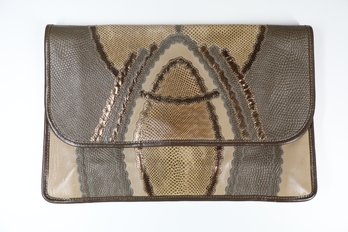 Carlos Falchi Grey Leather Snakeskin Python Patchwork Clutch