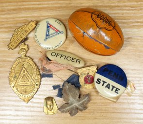 Lot Of Pins And Small Football- Penn State, Officer, Atlantic City 1914, And More