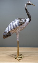 Bronze Large Crane With Cloisonne Enamel Figurine