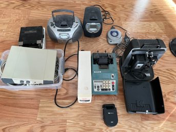 Assorted Vintage Electronics Adding Machine, Projector, Radio, Micro Monitor,  Tenna Cassette 8, Back UPS 500