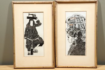 Set Of (2) Vintage Framed Ken Dallison Prints Lithographs Bicycle Sewing Machine