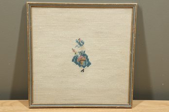 Framed Vintage Needlepoint Of Lady In Blue Dress With Basket Of Flowers Rustic