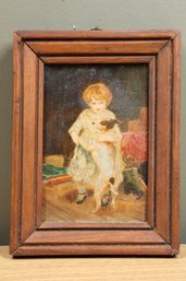 Antique Framed Painting Of Girl Dancing With Dog Wall Hanging My First Fox Terrier