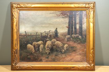 Large Antique Framed Painting Sheep With Shepard Unsigned