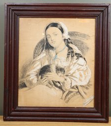 Antique 1868 Framed Multimedia Pencil And Chalk Art Lady With Cat Signed Smith French