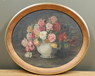 Antique Hanging Oval Framed Oil Painting Of Flowers Oval Oil On Board