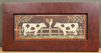 Vintage 1982 Framed Scherenschnitte Fraktur Sandra Gilpin Pennsylvania German  Cows With Rooster