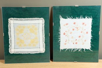 Set Of (2) Framed Antique Hand Embroidered Fabric Swatches Flowers Flower Doily