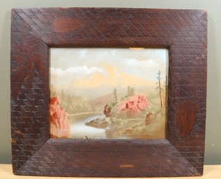 Antique Framed Scenic Oil Painting Mountains River Rustic