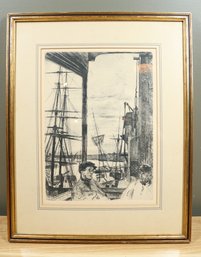 Vintage Framed Lithograph Shipyard Ships Sailors Boats Signed Whistler 1860