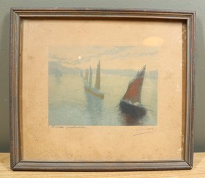 Antique Framed Watercolor Painting Sailboats Signed