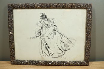 Antique Framed Lithograph Of Woman With Baby