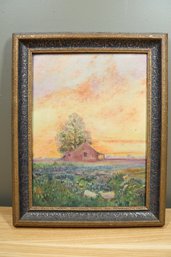 Antique Framed Rustic Oil Painting Farmhouse With Sheep