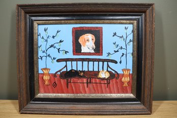 Vintage 2003 Framed Judy Henn Oil Painting Thanks For The Treats Dog Cats