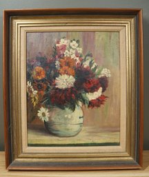 Vintage Framed Oil Painting Of Flowers In Vase