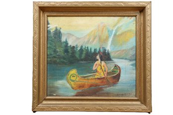 Clifford Mitchell Signed Antique Oil Painting Gold Gilt Frame Indian Canoe