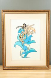 Signed Mixed Media Fairy Couple In Flower Framed With Note On Back