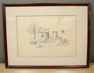 Vintage Clifford Mitchell Signed Sketch Drawing Farmhouse Scene