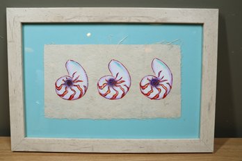 Framed Nautilus Shell Painting On Fabric Beach Hanging Decoration Signed